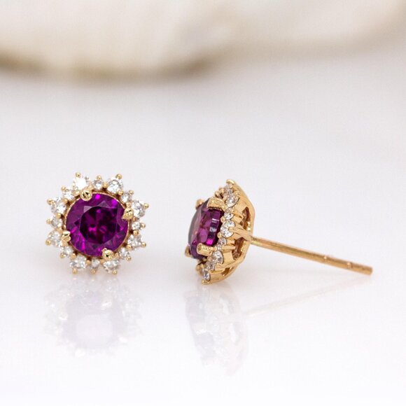Rhodolite Garnet Stud Earrings in 14K Solid Gold with Natural Diamond Halo - Picture 6 of 8